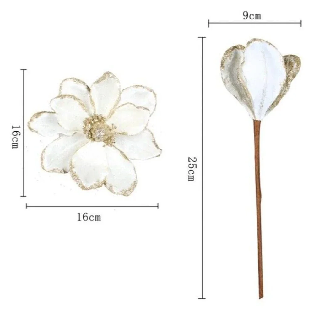 10- Glitter Christmas Flowers 6.75” Artificial Magnolia Flower Wedding Spring
